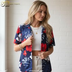 Product specifications infographic showing patriotic Aloha shirt size chart, fabric details, and feature callouts