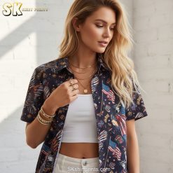 Product specifications infographic showing patriotic Aloha shirt sizing chart fabric details and feature callouts