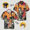 Man wearing patriotic hawaiian shirt with Statue of Liberty dogs cats orange background