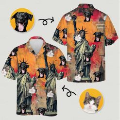 Man wearing patriotic hawaiian shirt with Statue of Liberty dogs cats orange background