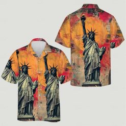 Patriotic hawaiian shirt featuring repeated Statue Liberty images orange sunset background with birds
