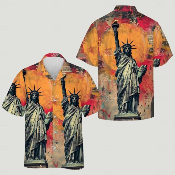 Patriotic hawaiian shirt featuring repeated Statue Liberty images orange sunset background with birds