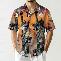 Patriotic hawaiian shirt pattern showing vertical Statue Liberty arrangement with scattered cats dogs