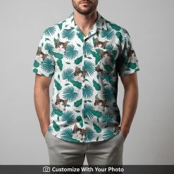 Man in personalized cat face Hawaiian shirt with white and teal palm leaf pattern