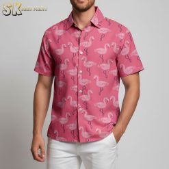 Custom aloha shirt displaying multiple face photos integrated with pink flamingo tropical pattern on model