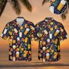 Pina colada Hawaiian shirt with colorful beer glasses and tropical fruit pattern on dark background
