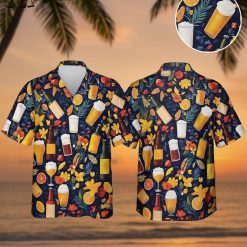Pina colada Hawaiian shirt with colorful beer glasses and tropical fruit pattern on dark background
