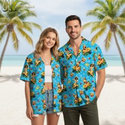Pina colada Hawaiian shirt with tropical cocktail motifs and pin-up style artwork in bright island colors