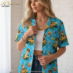 Size specifications and measurements chart for pina colada Hawaiian shirt with tropical cocktail design