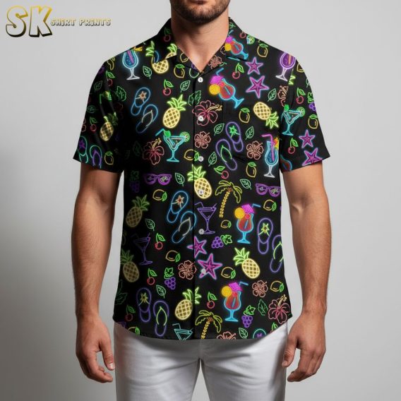 Pina colada Hawaiian shirt with tropical drink and pineapple design in bright neon colors