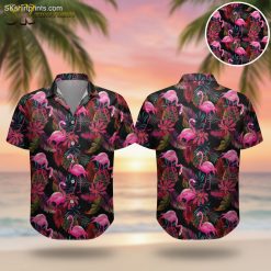 Pink flamingo Hawaiian shirt with tropical palm print design