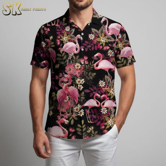 Pink flamingo Hawaiian shirt with colorful tropical flower pattern