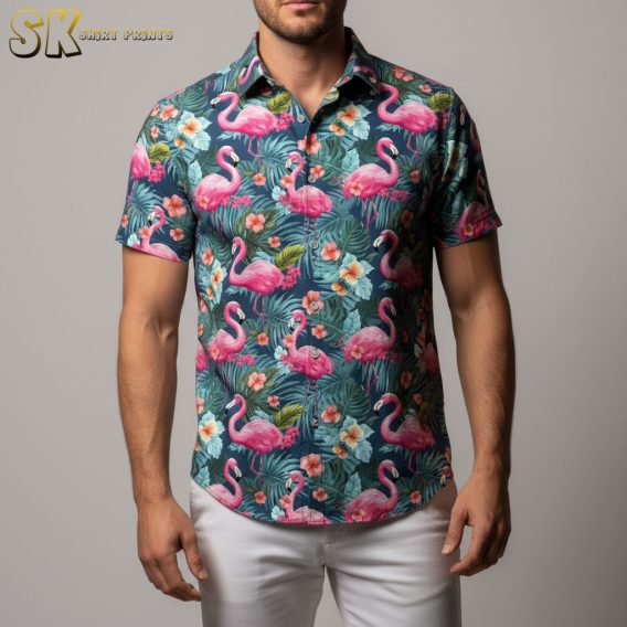 Pink flamingo Hawaiian shirt in bright summer colors for beach wear