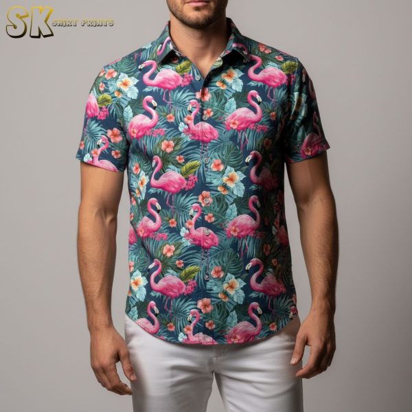 Pink Flamingo Hawaiian Shirt Casual Button Down Short Sleeve - Tropical Aloha Shirt for Men Women