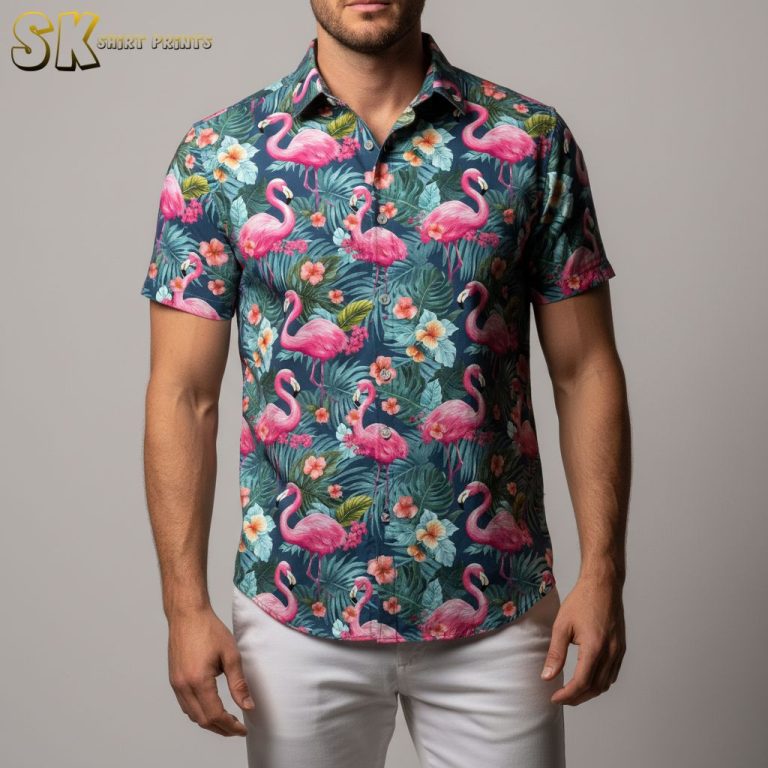 Pink Flamingo Hawaiian Shirt Casual Button Down Short Sleeve – Tropical Aloha Shirt for Men Women