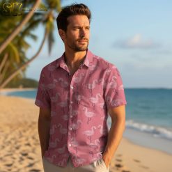 Collection overview displaying multiple Hawaiian shirt designs with pink flamingo patterns in different color variations
