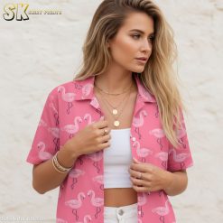 Product specifications infographic showing size chart, fabric details, and feature callouts for flamingo aloha shirt