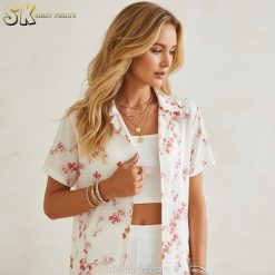 Pink floral Hawaiian shirt size specifications and measurement chart details