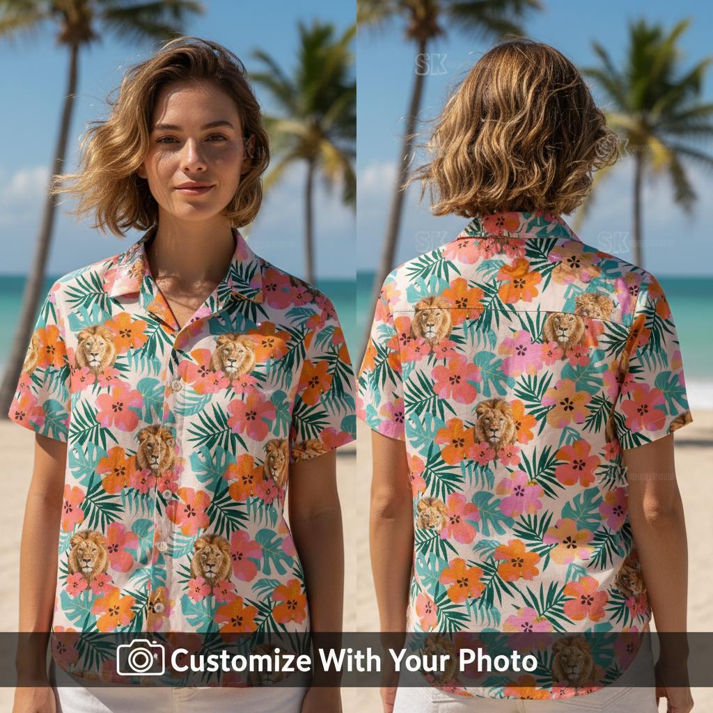 Woman wearing pink Hawaiian shirt with lion print and tropical flowers outdoors