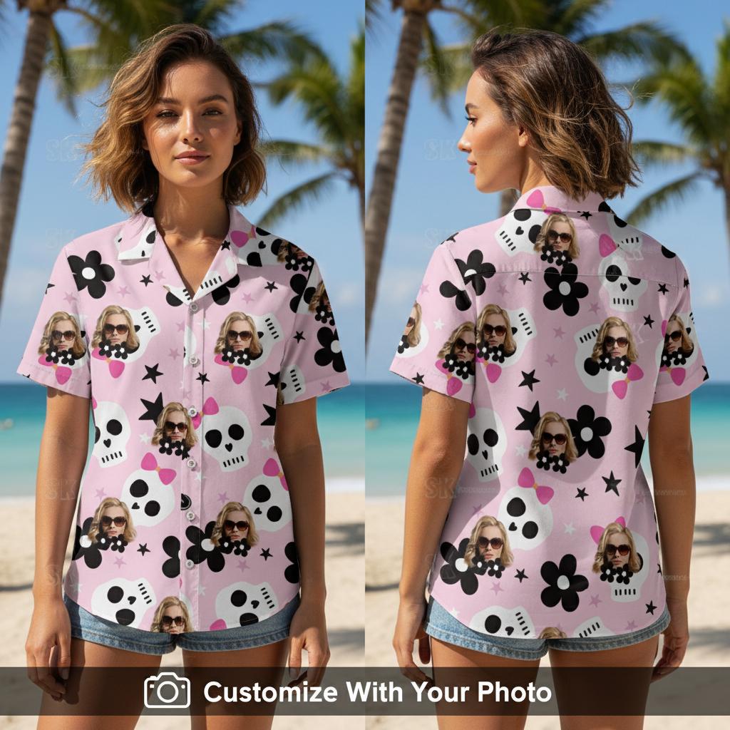 Woman wearing pink Hawaiian shirt with skulls, bows, black flowers and sunglasses pattern