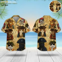 Pirate Cat Hawaiian Shirt with cats wearing pirate hats and eye patches on vintage treasure map background