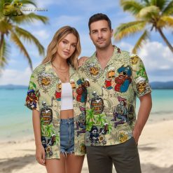 Pirate hawaiian shirt with vibrant cartoon-style pirate illustrations and tropical styling