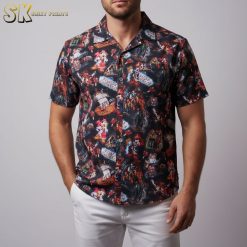 Pirate Hawaiian shirt displaying cartoon pirate characters and sailing ships in dynamic colorful pattern