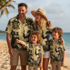 Pirate Hawaiian shirt collection showing multiple color variations of skeleton pirate crew designs