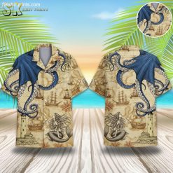 Pirate Hawaiian shirt featuring blue octopus, vintage sailing ships, lighthouse and nautical compass design