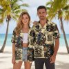 Dark themed pirate Hawaiian shirt with skull designs perfect for night events