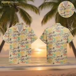 Pirate Hawaiian shirt night design featuring Pittsburgh Pirates logos, palm trees, and tropical elements in vibrant colors