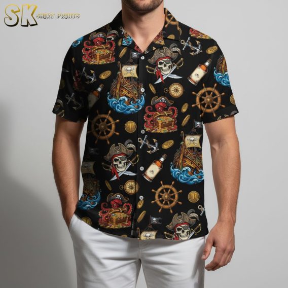 Pirate hawaiian shirt displaying skull with pirate hat, anchors, coins and bottle graphics