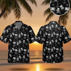 Black pirate hawaiian shirt with skull bandana crossed swords treasure chest pattern for men casual wear