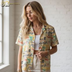 Pirate Hawaiian shirt sizing chart and product specifications showing measurements and material details