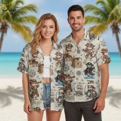 Pirate Hawaiian shirt showing cats on treasure hunting adventures with maps and compass designs