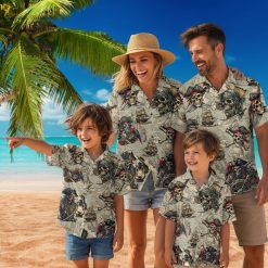 Pirate skull Hawaiian shirt collection showing multiple color variations of vintage nautical designs