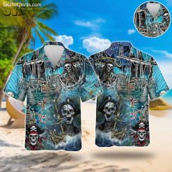 Pirate skull Hawaiian shirt featuring skeleton pirates, ships and nautical elements in vibrant blue colors