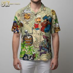 Pirate skull hawaiian shirt featuring skeleton designs and pirate motifs on tropical fabric