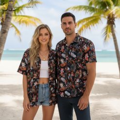 Pirate skull Hawaiian shirt with tropical adventure elements and colorful scattered pattern design