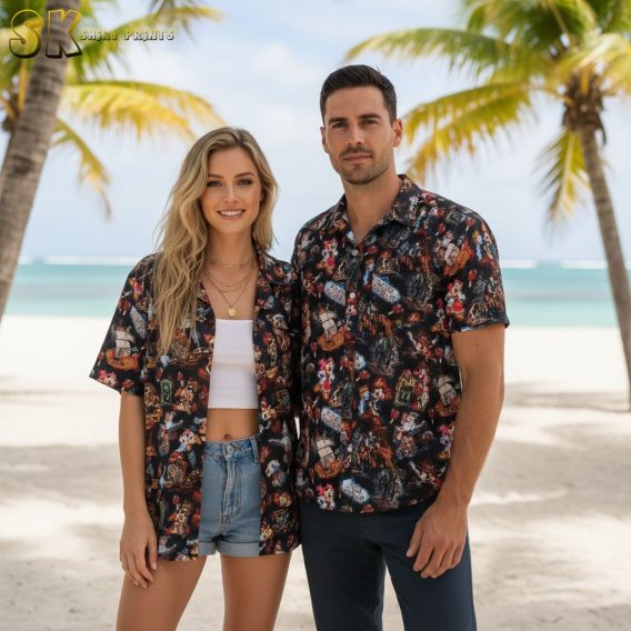 Pirate skull Hawaiian shirt with tropical adventure elements and colorful scattered pattern design