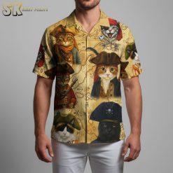Pirate themed Hawaiian shirt featuring cats in pirate costumes with treasure map print background