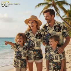 Collection of pirate themed Hawaiian shirts showing various skull and nautical designs