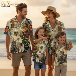 Pirate themed Hawaiian shirts collection showing multiple color variations of skeleton treasure design