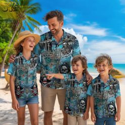 Collection of pirate themed Hawaiian shirts showing various color options and nautical adventure designs