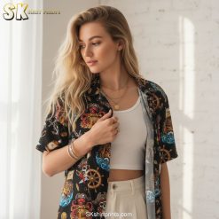 Pirate themed hawaiian shirts size chart and product specifications display