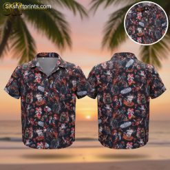 Pirate themed Hawaiian shirts featuring colorful cartoon characters, ships and tropical imagery in vibrant scattered pattern