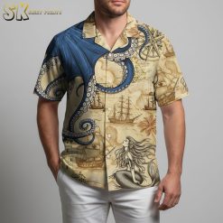 Pirate themed Hawaiian shirts displaying ocean adventure scene with mermaid, sailing ships and nautical elements