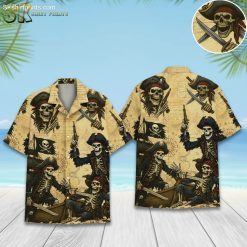 Pirate themed Hawaiian shirts featuring skeleton pirates with skull crossbones and vintage map background pattern