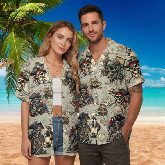 Pirate themed Hawaiian shirts displaying skull designs with colorful parrots and nautical adventure elements