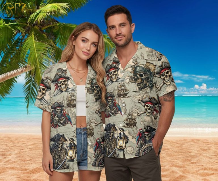 Vintage Pirate Skull Hawaiian Shirt for Men Women – Treasure Map Button Down Short Sleeve Summer Shirt